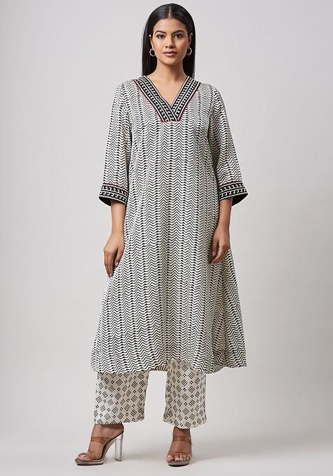 Ivory Metro Block Printed Kaftan Set