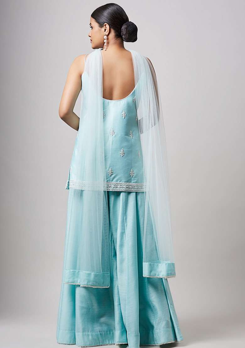 Sea Green Pearl Embroidered Sharara Set - Indya