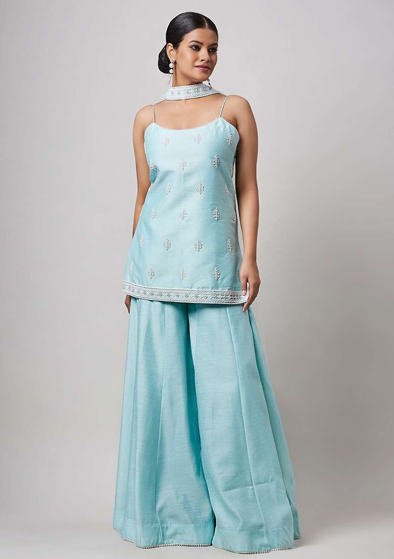 Sea Green Pearl Embroidered Sharara Set - Indya