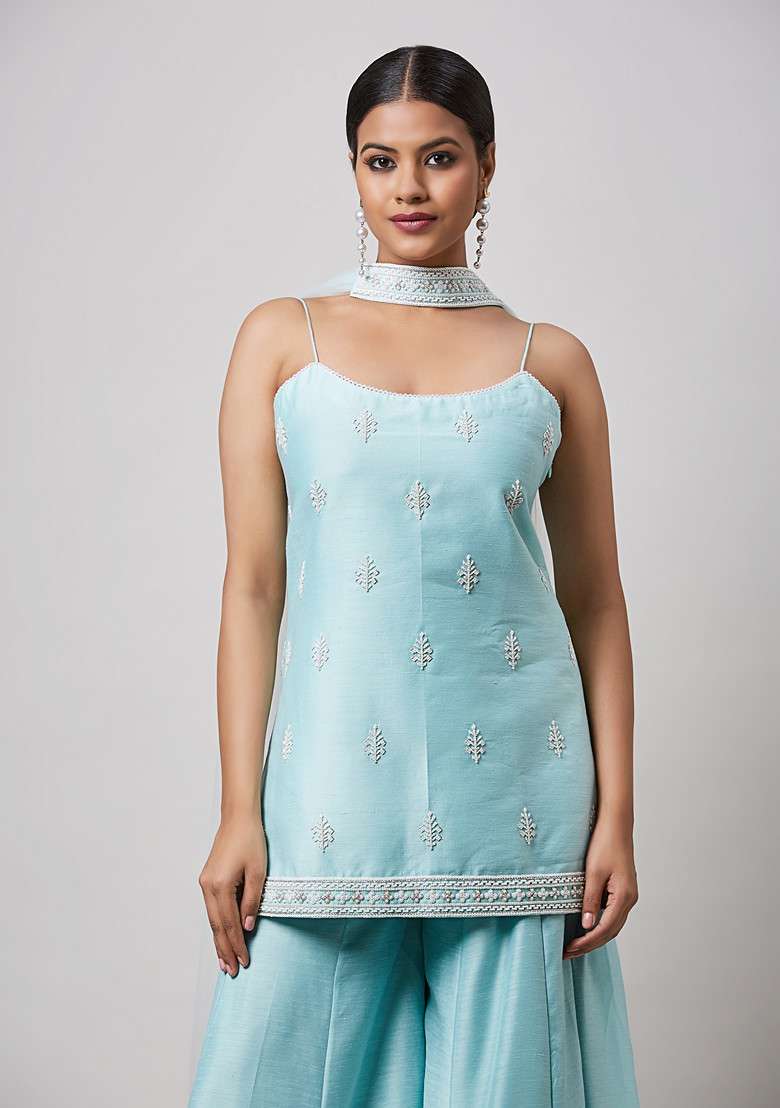 Sea Green Pearl Embroidered Sharara Set - Indya