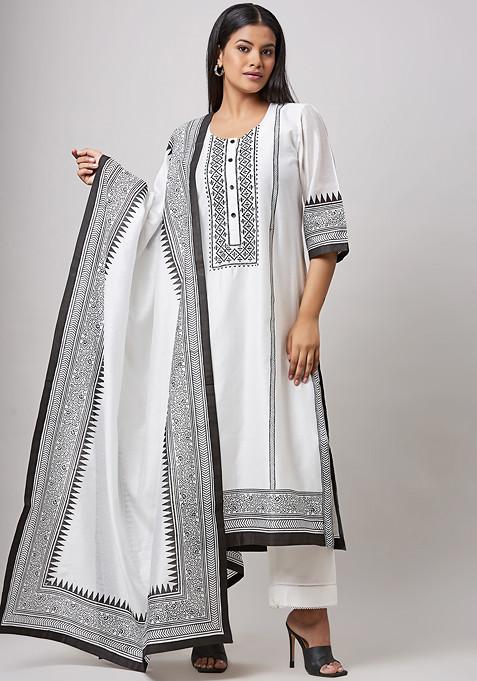 Ivory Black Block Print Kurta Set