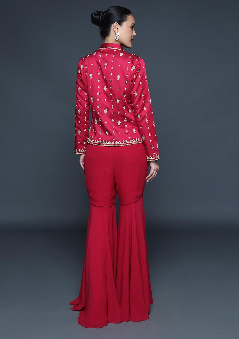 Cherry Red Jaal Embroidered Sharara Set - Indya