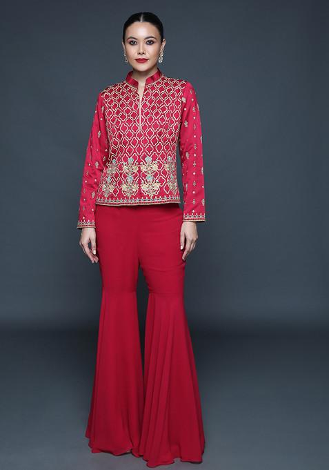 Cherry Red Jaal Embroidered Sharara Set