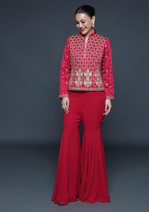 Red Gajji silk Embroiderd sharara set with elasticated waist pant and dupatta