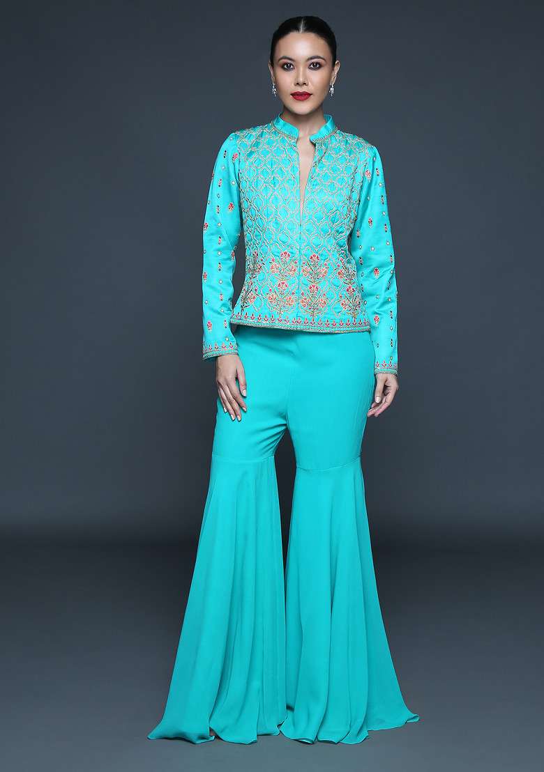 Spring Green Jaal Embroidered Sharara Set - Indya