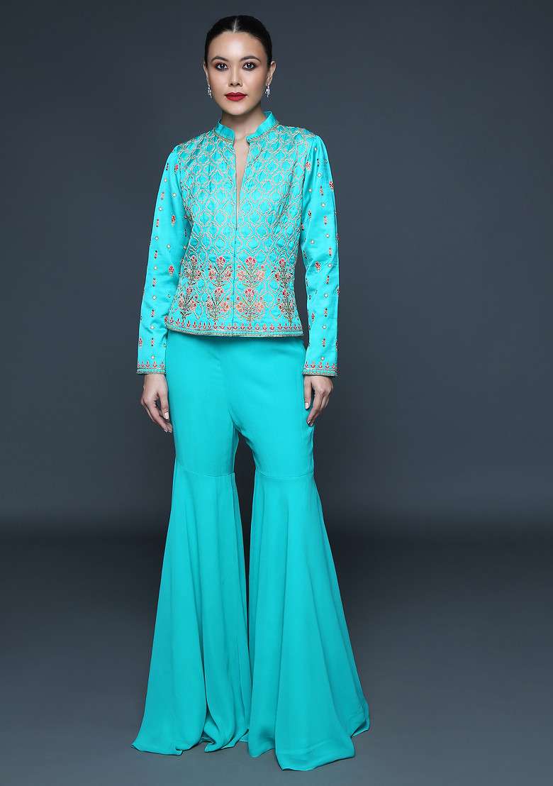 Spring Green Jaal Embroidered Sharara Set - Indya