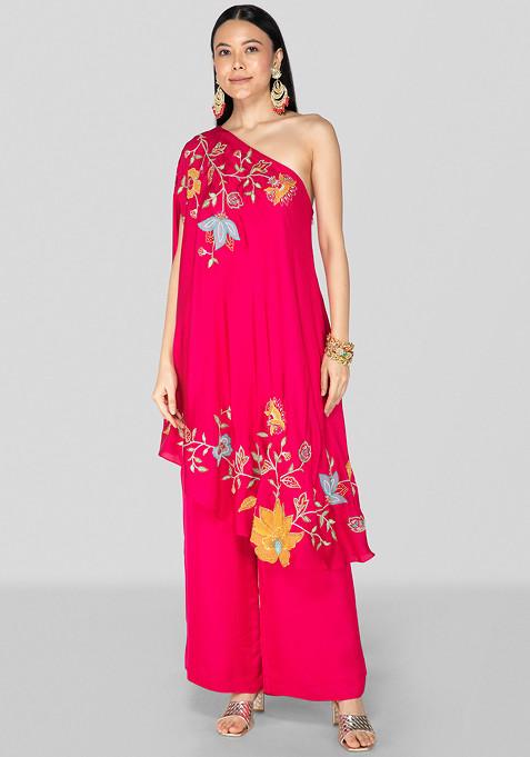 Hot Pink Applique Embroidered Palazzo Set