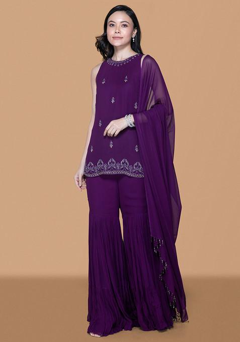 Purple Intricate Embroidered Gharara Set