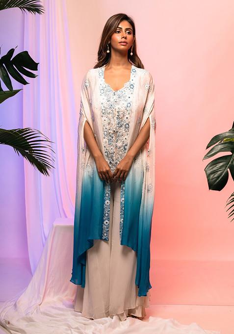 Ivory And Blue Embroidered Cape Set