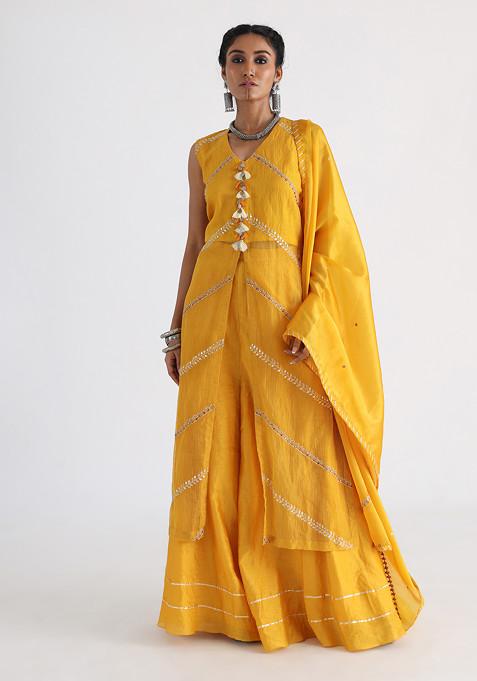 Yellow Hand Embroidered Chanderi Mulmul Sharara Set