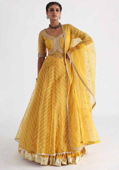 Yellow Hand Embroidered Bam Silk Skirt Set