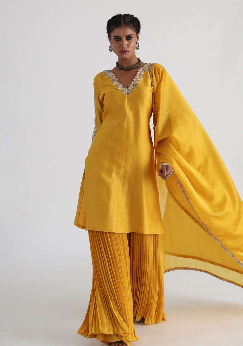 Yellow Hand Embroidered Crepe Sharara Set - Indya