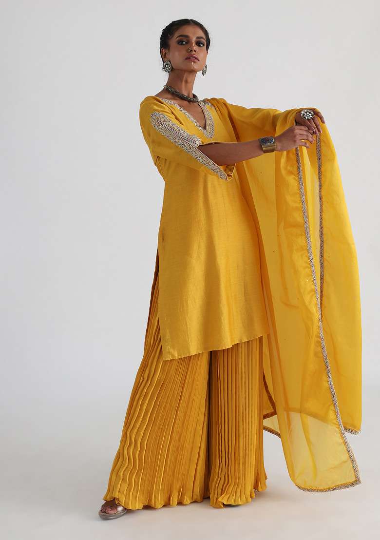 Yellow Hand Embroidered Crepe Sharara Set - Indya