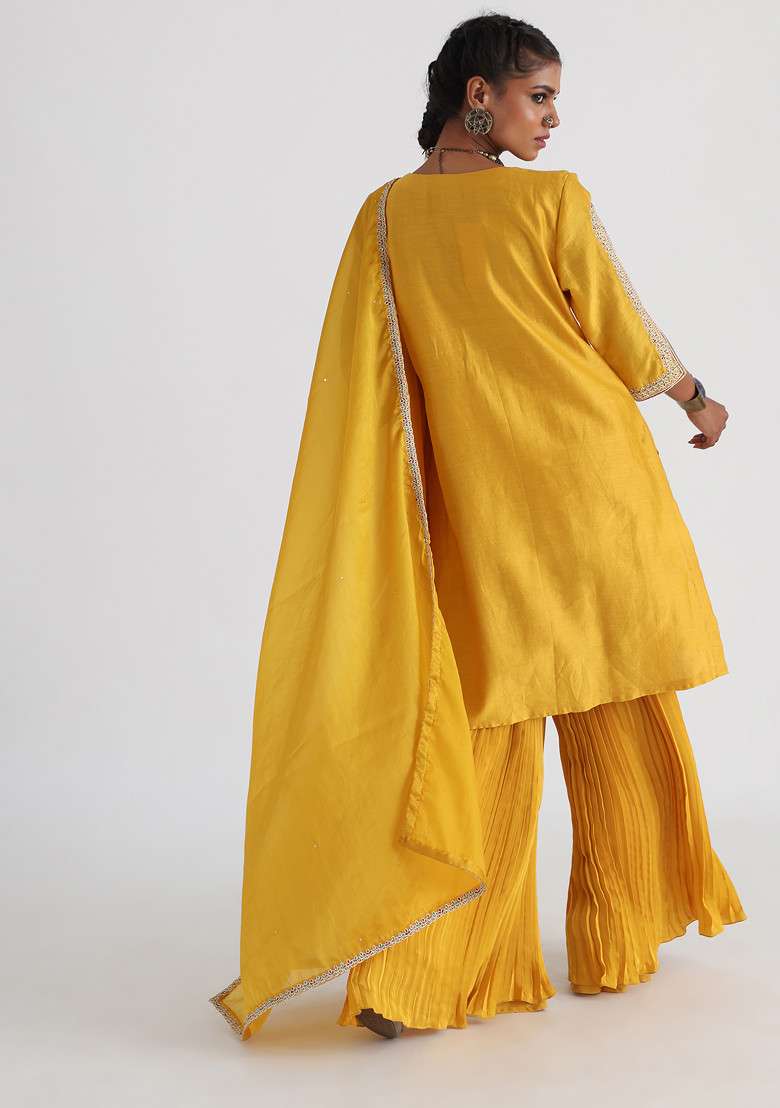 Yellow Hand Embroidered Crepe Sharara Set - Indya