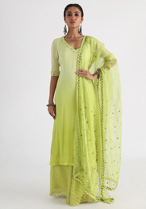 Light Green Hand Embroidered Viscose Sharara Set