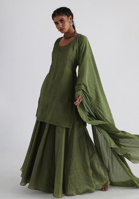 Olive Green Hand Embroidered Satin Organza Sharara Set