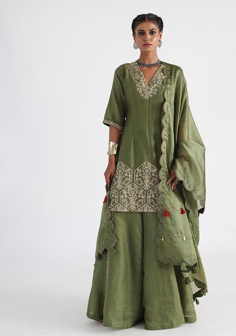 Olive Green Embroidered Satin Organza Sharara Set