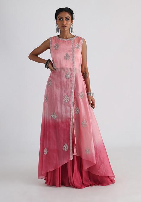 Pink Hand Embroidered Chinon Taffeta Sharara Set