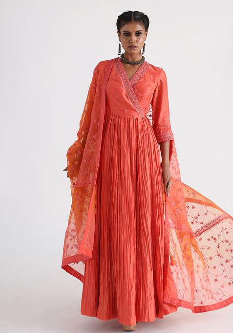 Orange Hand Embroidered Chanderi Angrakha Set