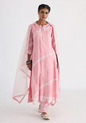 Pink Hand Embroidered Bam Silk Kurta Set