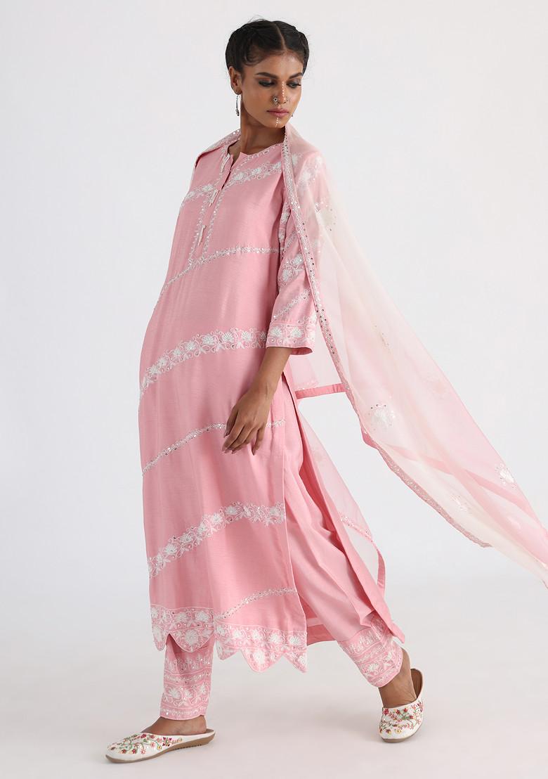 Pink Hand Embroidered Bam Silk Kurta Set