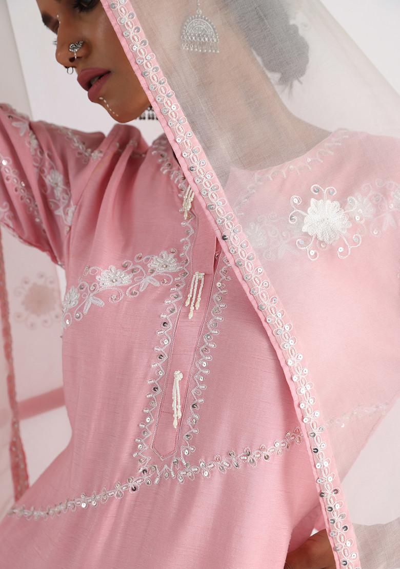 Pink Hand Embroidered Bam Silk Kurta Set
