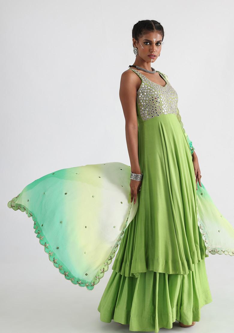 Green Mirror Embroidered Silk Muslin Anarkali Set