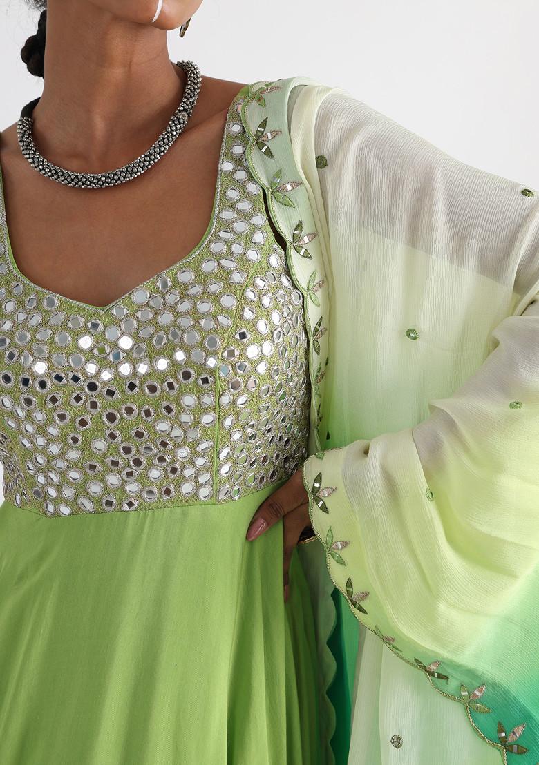 Green Mirror Embroidered Silk Muslin Anarkali Set