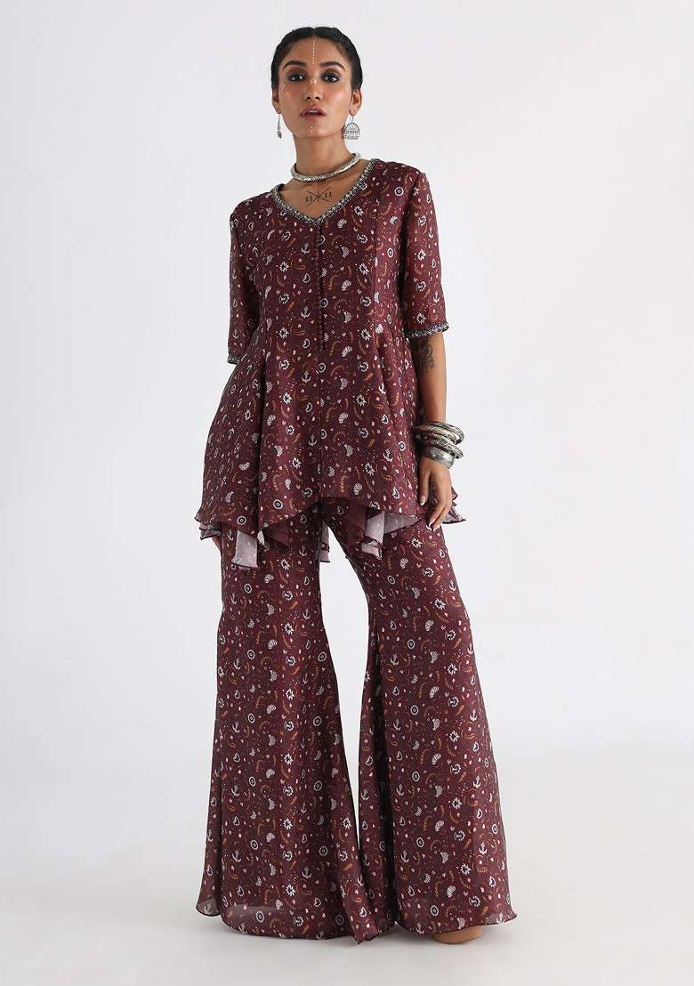 Brown Embroidered Georgette Co-ord Set Set - Indya