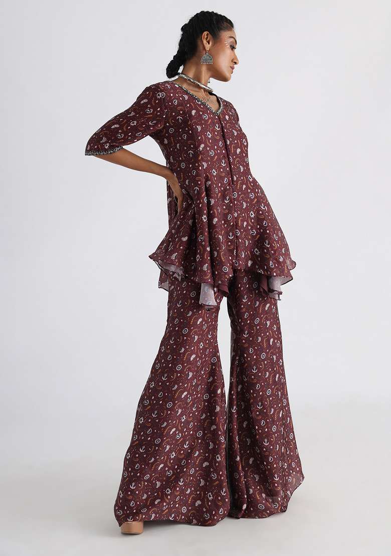Brown Embroidered Georgette Co-ord Set Set - Indya