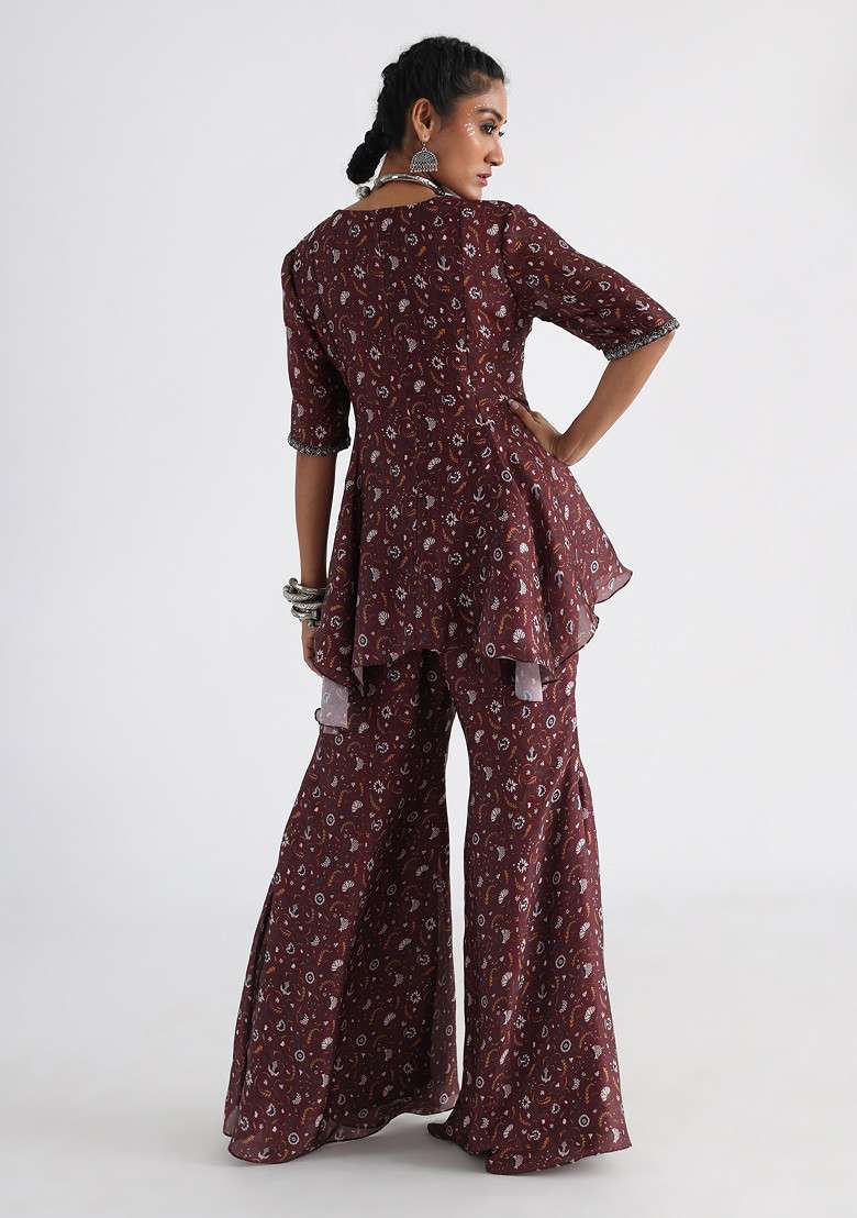 Brown Embroidered Georgette Co-ord Set Set - Indya