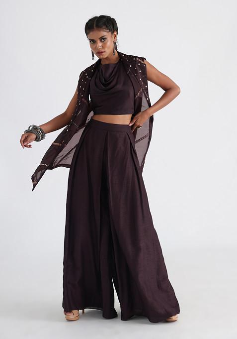 Brown Hand Embroidered Modal Satin Co-ord Set