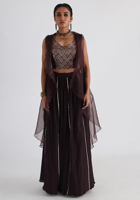 Brown Hand Embroidered Bam Silk Co-ord Set