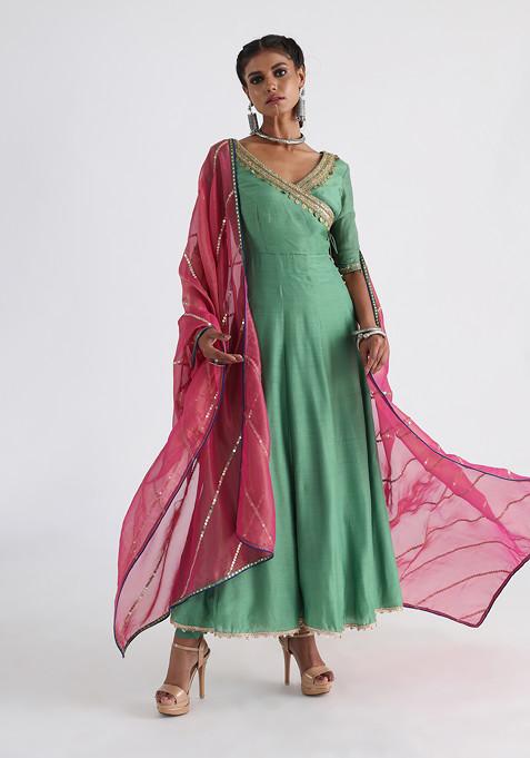 Green Hand Embroidered Silk Muslin Angrakha Set