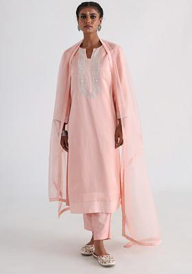 Pink Hand Embroidered Linen Satin Kurta Set