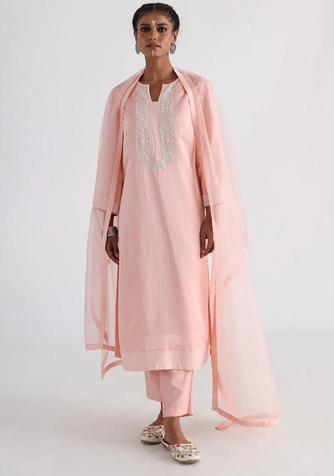 Pink Hand Embroidered Linen Satin Kurta Set