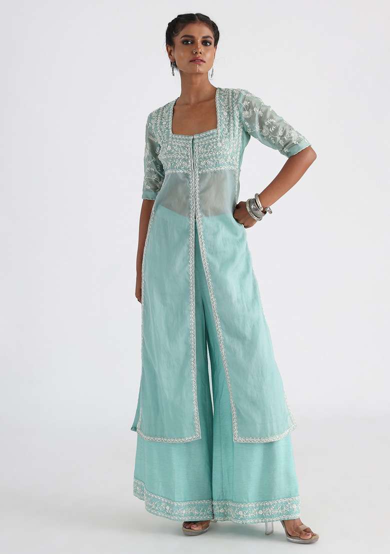 Green Hand Embroidered Satin Organza Kurta Set - Indya