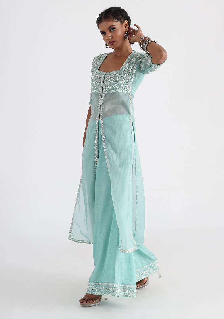 Green Hand Embroidered Satin Organza Kurta Set - Indya