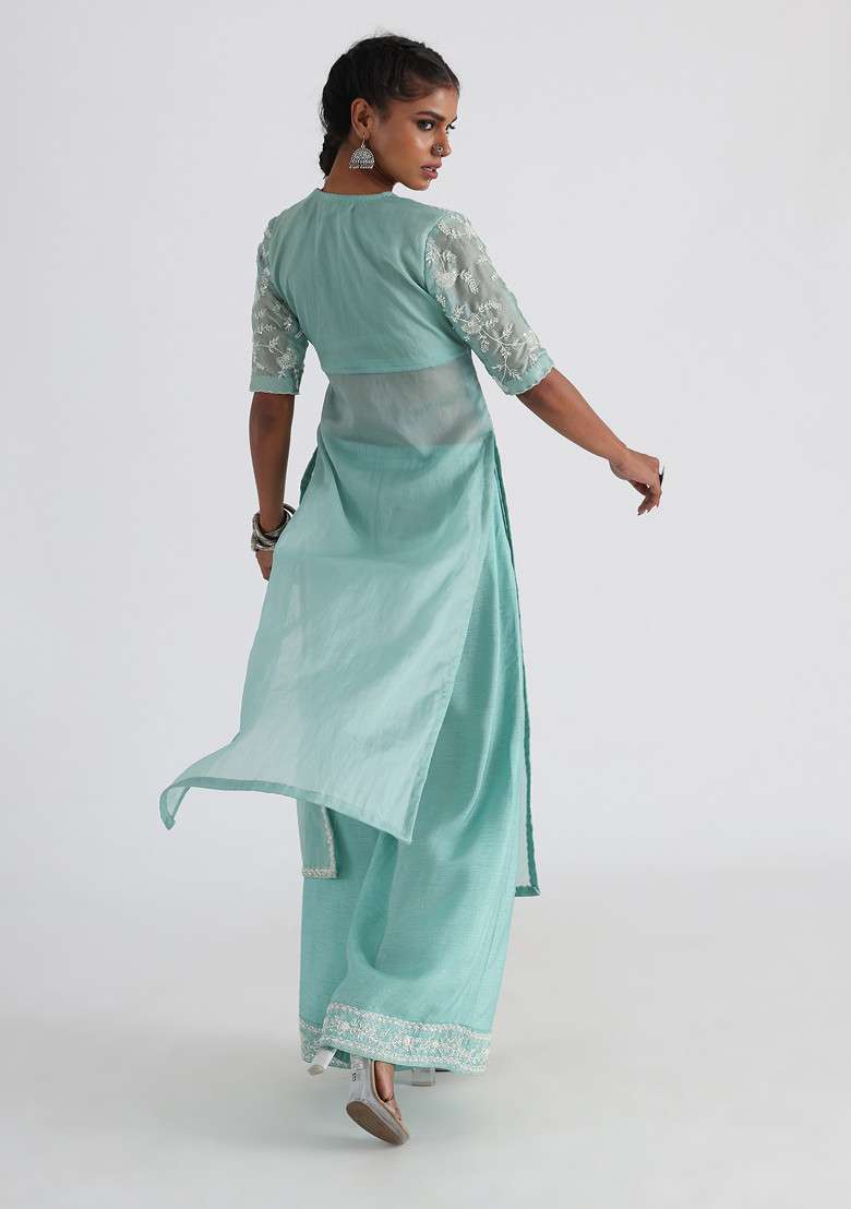 Green Hand Embroidered Satin Organza Kurta Set - Indya