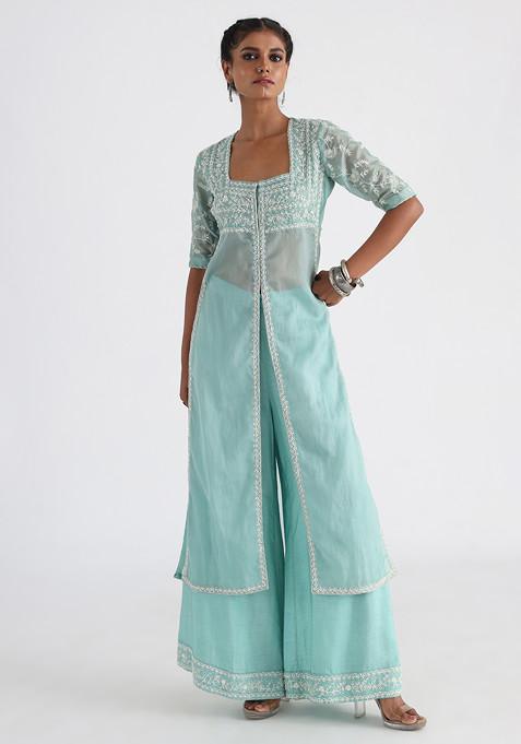 Green Hand Embroidered Satin Organza Kurta Set