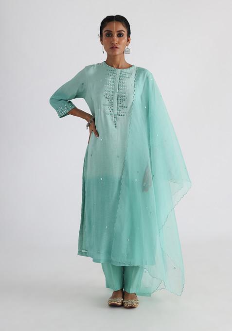 Green Hand Embroidered Bam Silk Kurta Set