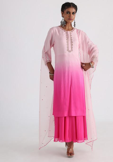 Pink Embroidered Bam Silk Kurta Set