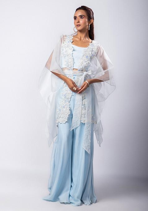 Blue Hand Embroidered Organza Jacket Set