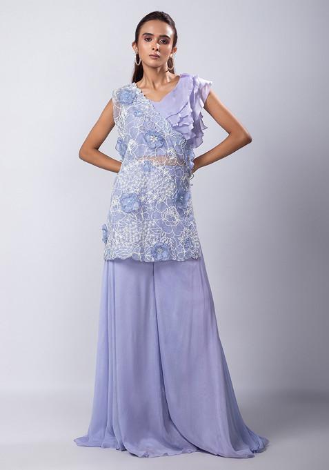 Purple Hand Embroidered Organza Short Kurta Set