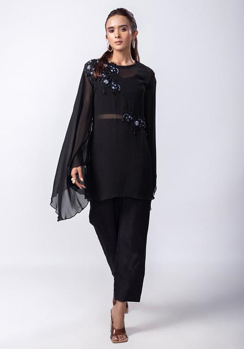 Black Hand Embroidered Silk Georgette Co-ord Set