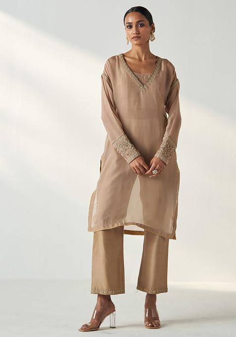 Fawn Hand Embroidered Organza Chanderi Kurta Set