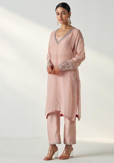 Blush Pink Hand Embroidered Organza Chanderi Kurta Set