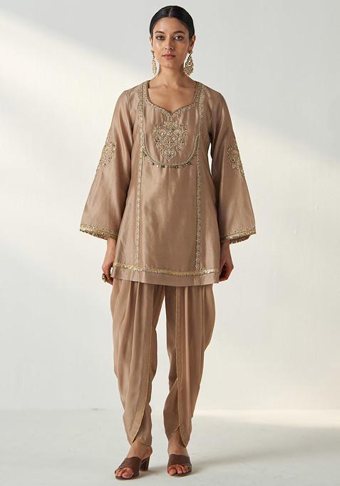 Fawn Hand Embroidered Chanderi Kurta Set