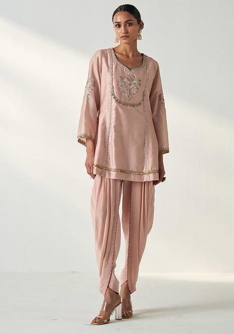 Blush Pink Hand Embroidered Chanderi Kurta Set