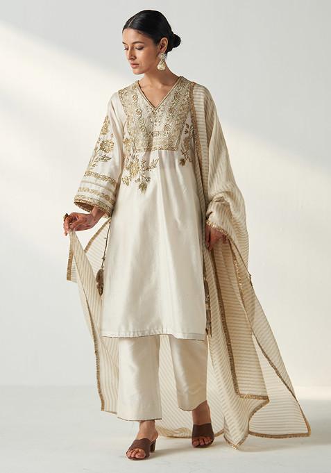 Ivory Hand Embroidered Chanderi Kurta Set